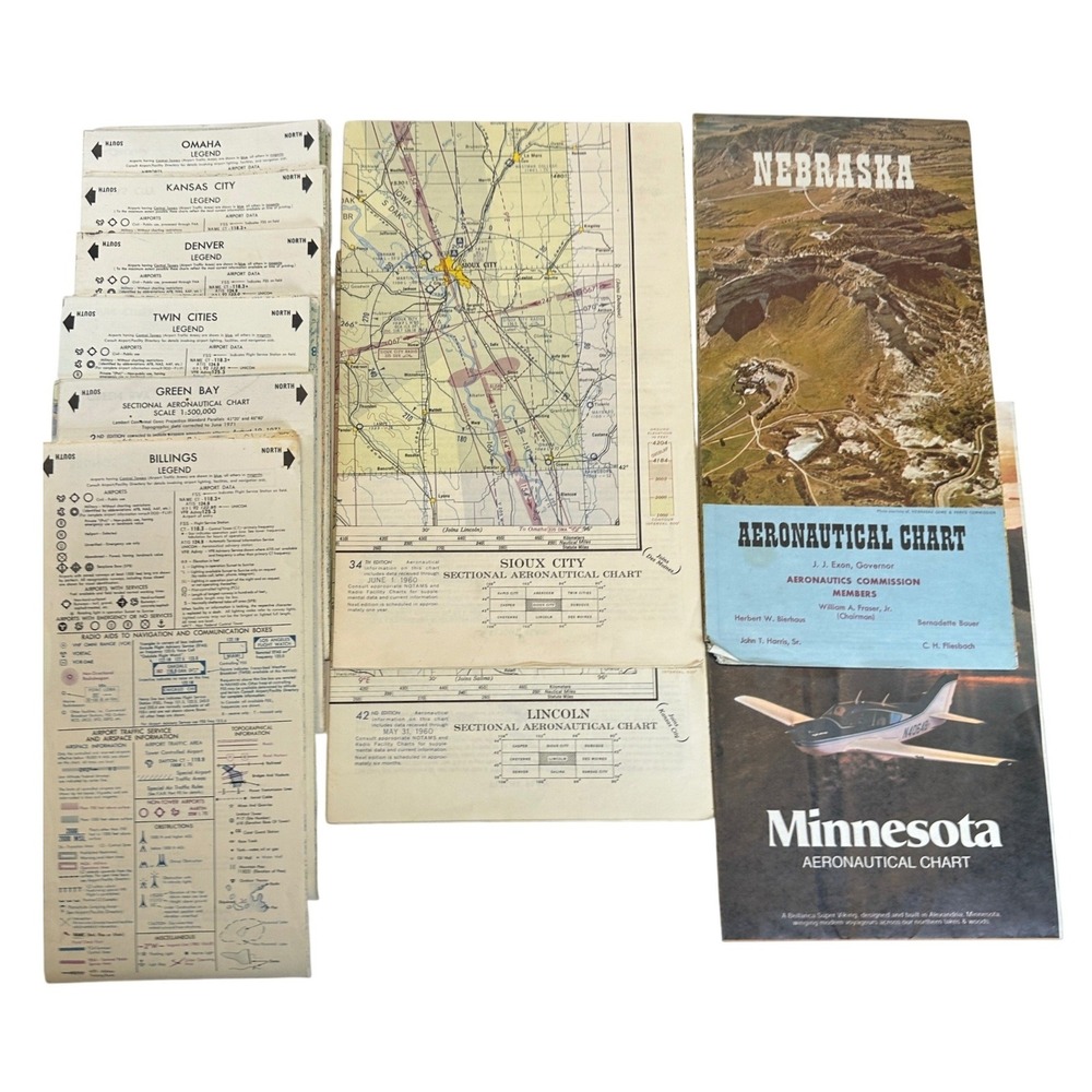 Vintage Sectional Aeronautical Charts Lot 1960-1982 Sioux City Omaha Twin Cities